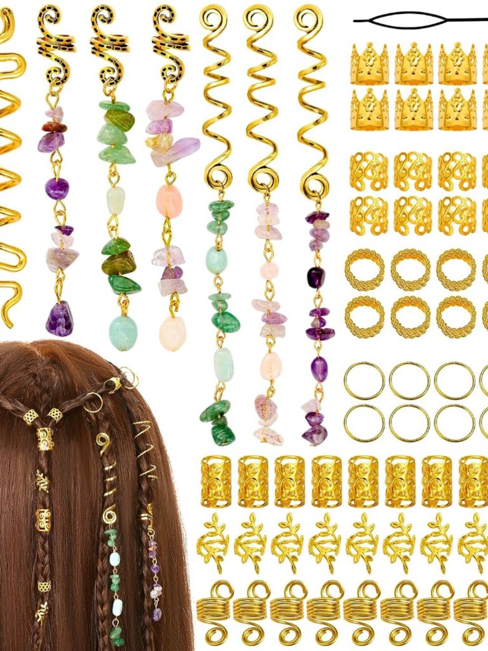 80 Pcs Natural Crystal Stone Dreadlock Accessories, Hair Jewelry for Braids Hair